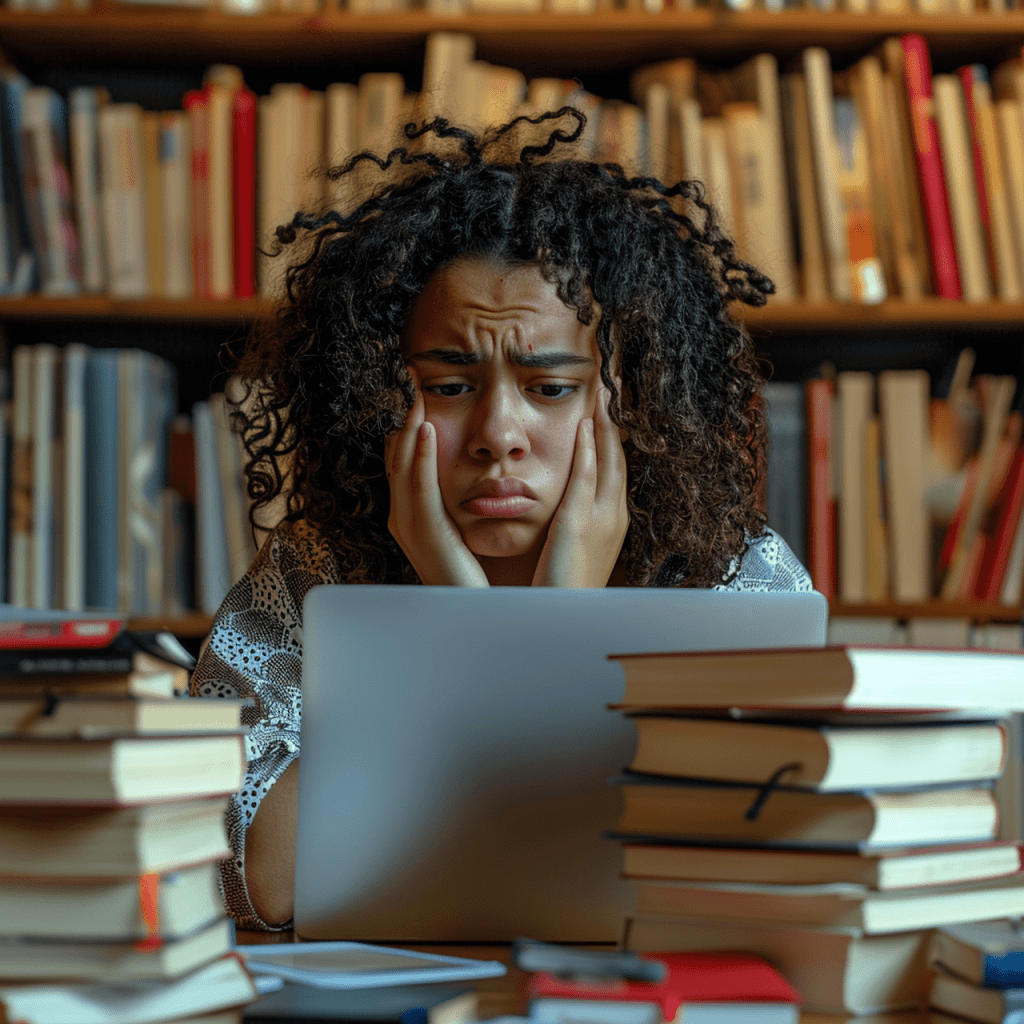 Woman sitting in front of her laptop looking stressed out. There are books on the desk and books on a bookshelf behind her.